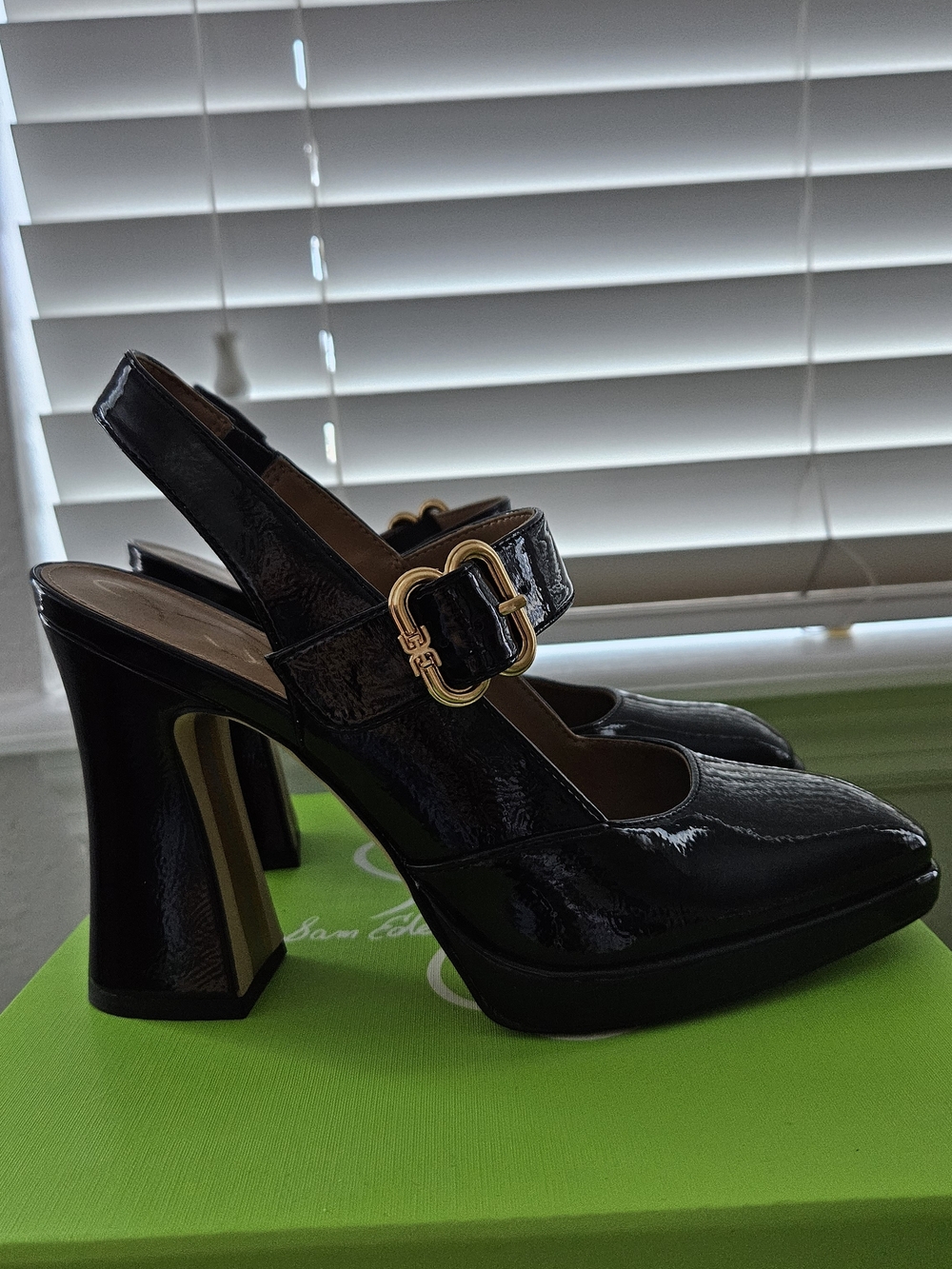 Sam Edelman Black Patent Mary Jane Slingback Heels with Gold Buckle Accent - Picture 3 of 6